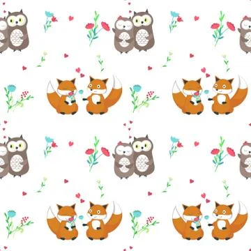 Vector seamless pattern with cute animals couples Stock Illustration