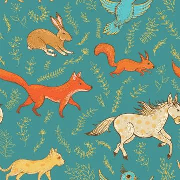 Vector seamless pattern with cute animals and plants Stock Illustration