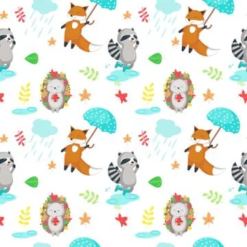 Vector seamless pattern with cute autumn animals Stock Illustration
