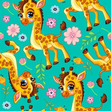 Vector seamless pattern with cute baby giraffe Stock Illustration