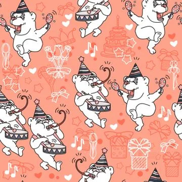 Vector Seamless pattern with cute bears in party hats. Illustrazione stock