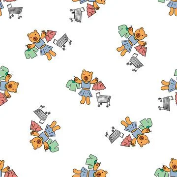 Vector seamless pattern of the cute bears with shopping basket and clothes. A 스톡 일러스트