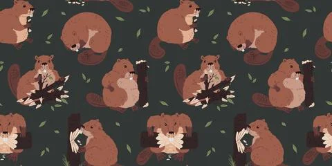 Vector seamless pattern with cute beavers: sleeping, building a dam and gnawing Ilustración de archivo