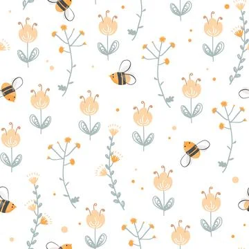 Vector seamless pattern with cute bee and doodle flowers. Vintage hand drawing Stock Illustration