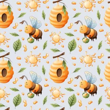 Vector seamless pattern with cute bees, honey, hive and flowers. Great for te イラスト素材