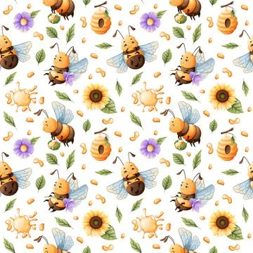 Vector seamless pattern with cute bees, honey and flowers. Great for textiles Stock Illustration