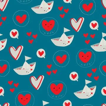 Vector seamless pattern cute boat with hearts, hearts and speech bubbles. Bac Illustrazione stock