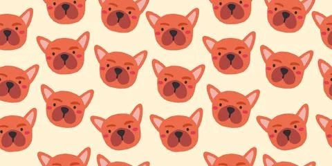 Vector seamless pattern with cute bulldog dog faces. Dog pattern on beige Stock Illustration