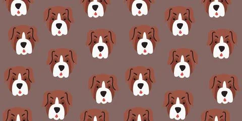 Vector seamless pattern with cute bulldog dog faces. Dog pattern on brown Stock Illustration
