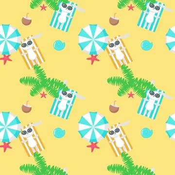 Vector seamless pattern with cute bunny taking rest on beach. Summer beach Stock Illustration