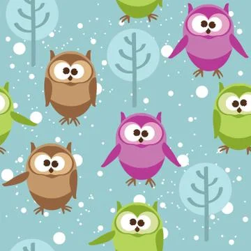 Vector seamless pattern with cute cartoon owls Stock-Illustration