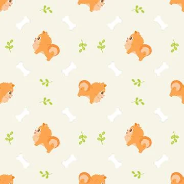 Vector seamless pattern with cute cartoon dog breed pomeranian with paws, lea Illustrazione stock
