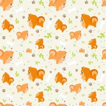 Vector seamless pattern with cute cartoon dog breed pomeranian with paws, lea Stock Illustration