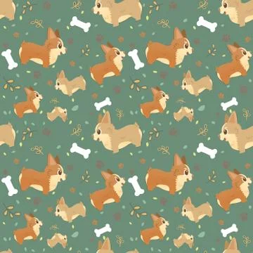 Vector seamless pattern with cute cartoon dog breed corgi with paws, leaves a Stock Illustration