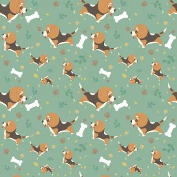 Vector seamless pattern with cute cartoon dog breed beagle with paws, leaves  Stock Illustration