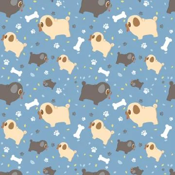 Vector seamless pattern with cute cartoon dog breed pug with paws, leaves and Illustrazione stock