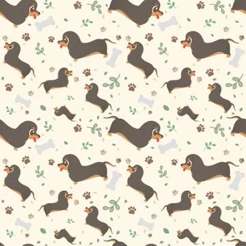 Vector seamless pattern with cute cartoon dog breed dachshund with paws, leav Illustrazione stock