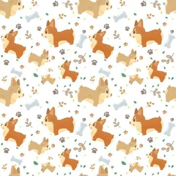 Vector seamless pattern with cute cartoon dog breed corgi with paws, leaves a Stock Illustration