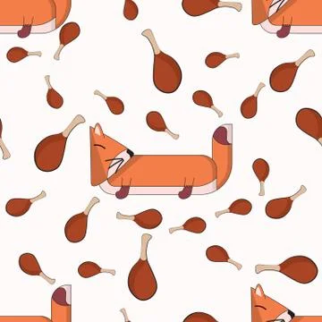 Vector seamless pattern with cute cartoon foxes and meat. 스톡 일러스트