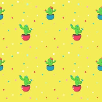 Vector seamless pattern with cute cartoon cactuses Illustrazione stock