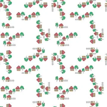 Vector Seamless pattern. Cute cartoon flat design. Baby hand drawn house, bus Stock Illustration