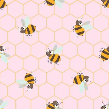 Vector seamless pattern with Cute cartoon Bee and honeycomb Stock Illustration