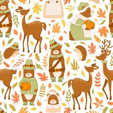 Vector seamless pattern with cute cartoon bears, deers, hedgehogs, autumn l.. Stock Illustration