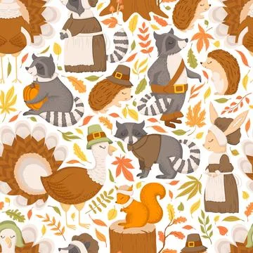 Vector seamless pattern with cute cartoon raccoons, turkeys, squirrels, rab.. Stock Illustration
