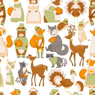 Vector seamless pattern with cute cartoon foxes, bears, racoons, deers, tur.. Stock Illustration