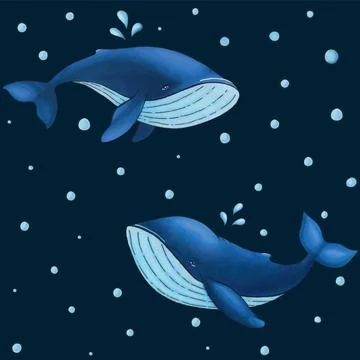 Vector seamless pattern with cute cartoon blue whale on dark background wit.. 스톡 일러스트
