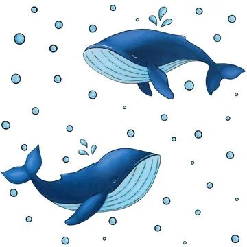 Vector seamless pattern with cute cartoon blue whale on white background wi.. 스톡 일러스트