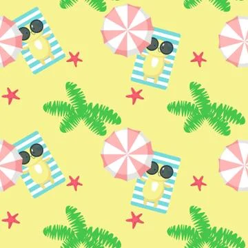 Vector seamless pattern with cute cat taking rest on beach. Summer beach Stock Illustration