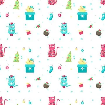 Vector seamless pattern with cute Christmas cats Stock Illustration