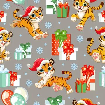 Vector seamless pattern with cute Christmas tigers Stock Illustration
