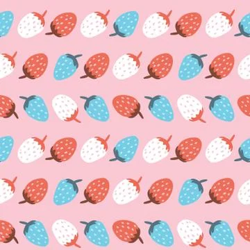 Vector seamless pattern of cute colorful strawberry in row. Ilustração Stock