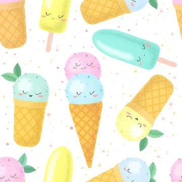 Vector seamless pattern with cute colorful hand drawn cartoon ice creams isol Stock Illustration