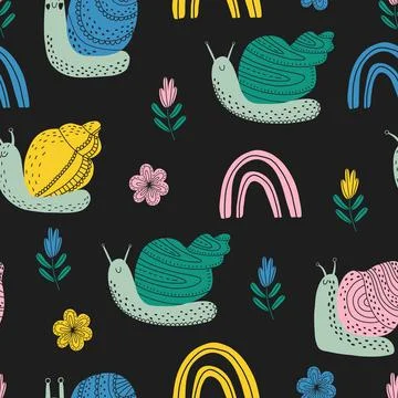 Vector seamless pattern with cute colorful snails. 스톡 일러스트