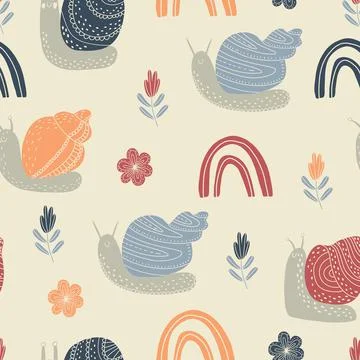 Vector seamless pattern with cute colorful snails. Stock Illustration