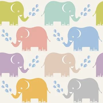 Vector seamless pattern of cute colorful elephants and water drops for baby.. Stock Illustration