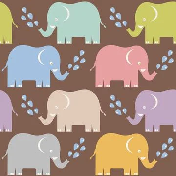 Vector seamless pattern of cute colorful elephants and water drops for baby.. Stock Illustration
