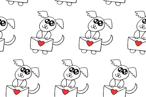 Vector Seamless pattern. Cute contour little dog with love letter and hearts. Stock Illustration