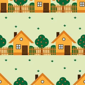 Vector seamless pattern with cute country houses, trees. Children's texture.. 库存插图