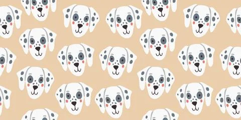Vector seamless pattern with cute dalmatian dog faces. Dog pattern on beige Illustrazione stock