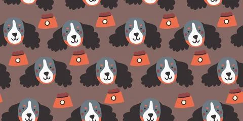 Vector seamless pattern with cute dog faces with food bowl. Dog pattern on brown Stock Illustration