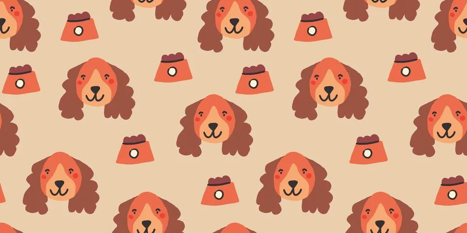 Vector seamless pattern with cute dog faces and dog bowl with kibbles. Dog Stock Illustration