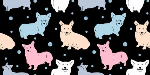 Vector seamless pattern with cute dogs with a black background. Illustration