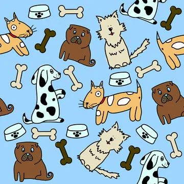 Vector seamless pattern with cute dogs isolated on blue background. Animal Illustrazione stock
