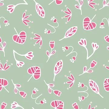 Vector seamless pattern with cute doodle abstract flowers on green background Stock Illustration
