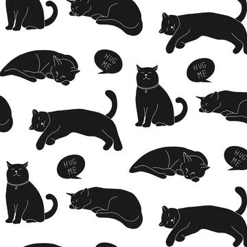Vector seamless pattern with cute doodle cats. Simple black animal silhouette Stock Illustration