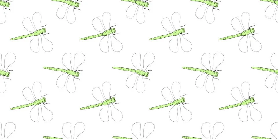 Vector seamless pattern of cute dragonflies in doodle flat style. Glade, fore Illustrazione stock
